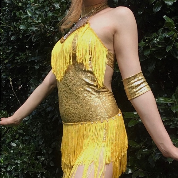 Golden Yellow Leotard with Rhinestones and Fringe - Picture 3 of 4